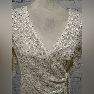 Brittany Black Vintage Top L Large Cream Ivory Glitter Floral Mesh 3/4 Sleeve